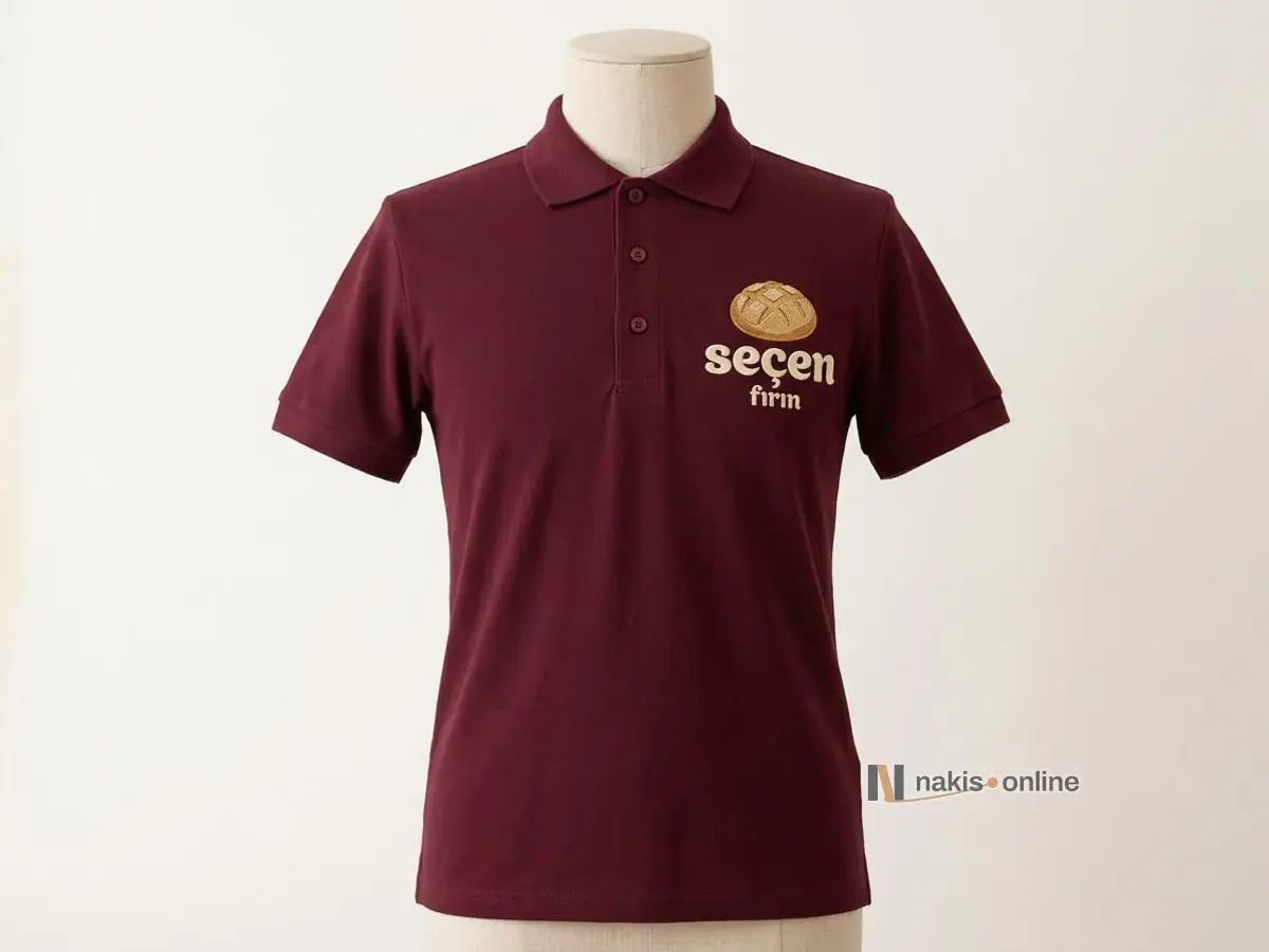 Bordo polo yaka tişört: sol göğüste buğday sarısı yuvarlak ekmek simgesi ve krem harflerle bir fırının iplikle işlenmiş logosu