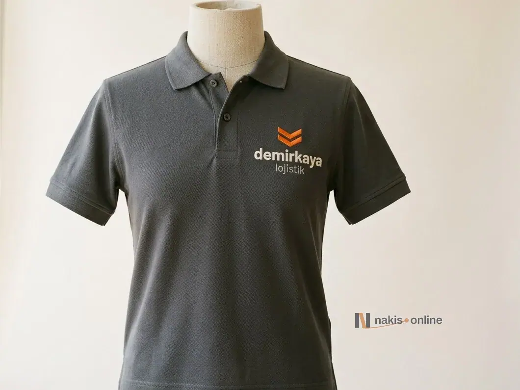 Terzi mankeninde antrasit pike polo yaka tişört; sol göğüste turuncu çift ok simgesi ve açık renk harflerle bir lojistik firmasının nakış logosu, kırık beyaz stüdyo fonu