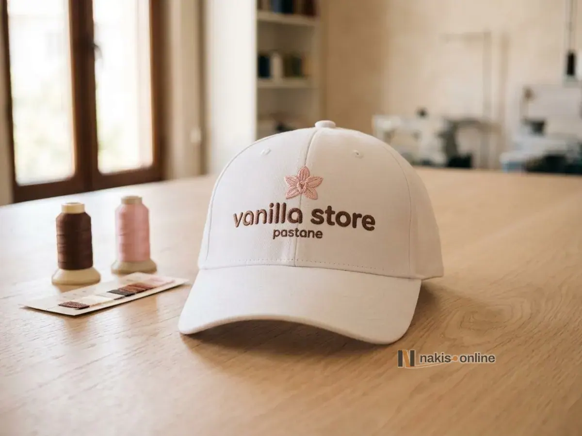 Beyaz altı panelli kepin ön dikişine ortalanmış pembe orkide simgeli, kakao kahvesi harfli bir pastane logosu; yanında kahve ve pembe iplik konileri ile yazısız iplik renk kartı