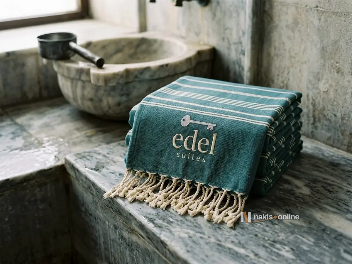 Folded petrol-blue peshtemals stacked on the marble bench of a hotel hammam, beside a marble basin with a metal bowl; a hotel logo with a silver key and cream serif lettering sits in the plain band between the cream stripes and the fringe