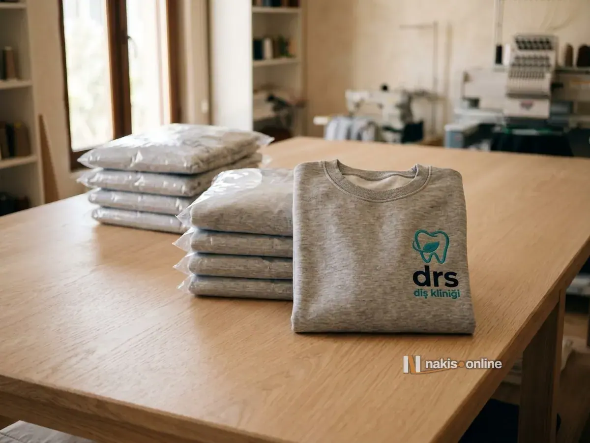 Paketleme masasında şeffaf poşetli iki deste gri melanj sweatshirt ve önde poşetsiz katlı bir parça; bu parçanın sol göğsünde turkuaz diş simgesi ve lacivert harflerle bir diş kliniğinin logosu