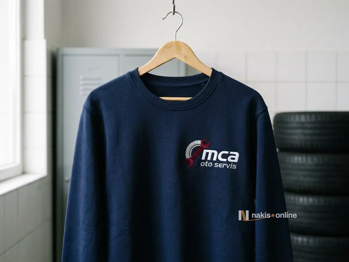 Oto servis personel odasında ahşap askıda lacivert sweatshirt; sol göğüste kırmızı anahtar ve gri lastik simgesi, beyaz harflerle bir oto servisin nakış logosu