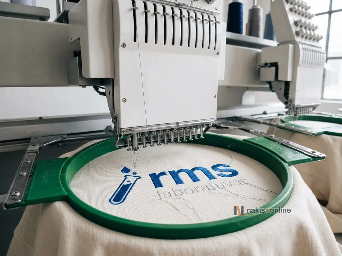 Nakış makinesinde yeşil tüp kasnağa gerilmiş ekru sweatshirtün sol göğsü; mavi deney tüpü simgeli, mavi ve açık gri harfli bir tıbbi laboratuvarın logosu işleniyor, alt satırın üstünde kesilmemiş iplik uçları duruyor