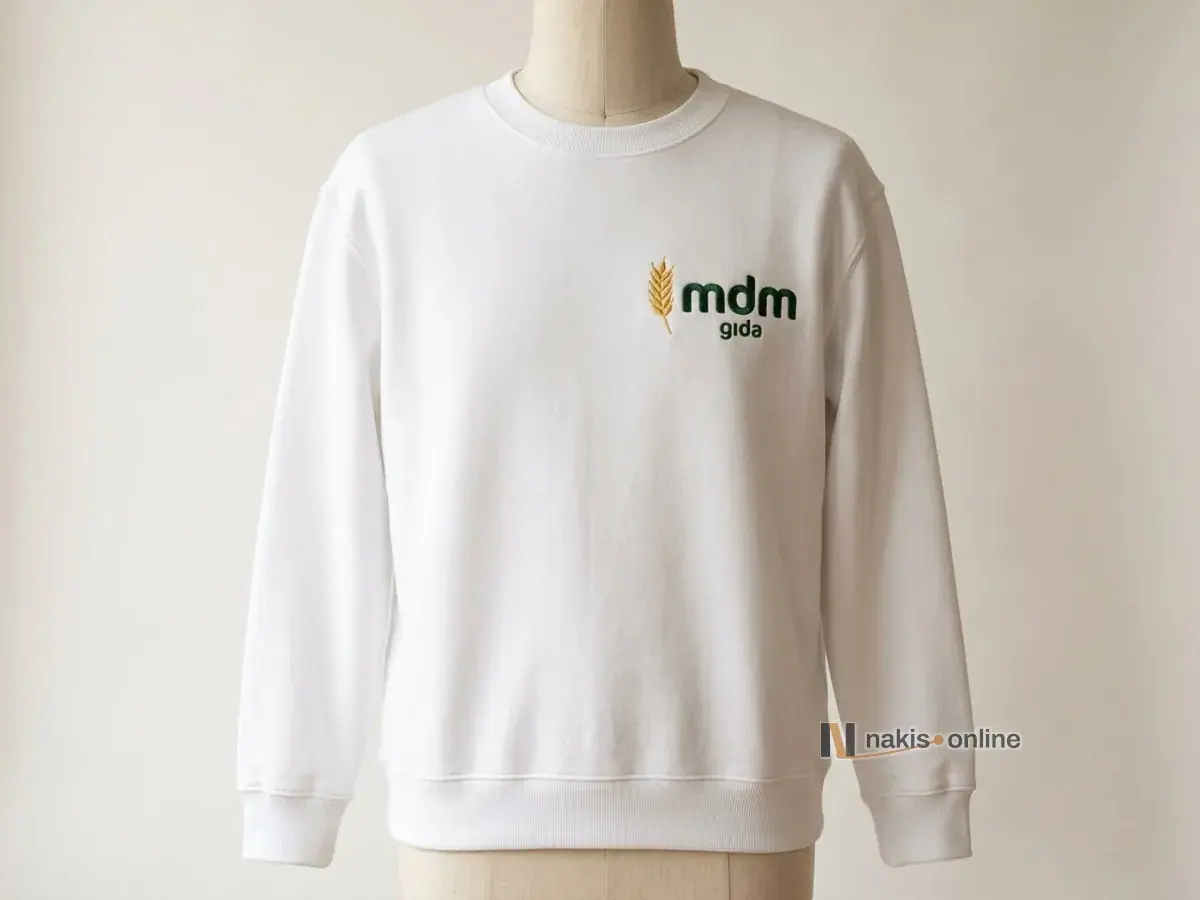 Beyaz bisiklet yaka sweatshirt: sol göğüste buğday sarısı başak simgesi ve koyu yeşil harflerle işlenmiş bir gıda firmasının logosu