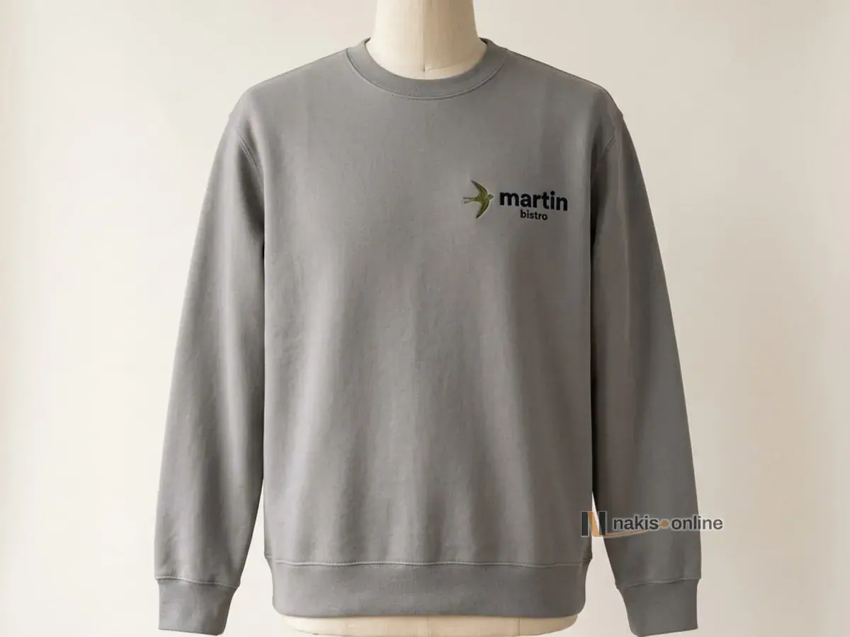 Gri bisiklet yaka sweatshirt: sol göğüste zeytin yeşili uçan kırlangıç simgesi ve lacivert harflerle işlenmiş bir bistronun logosu