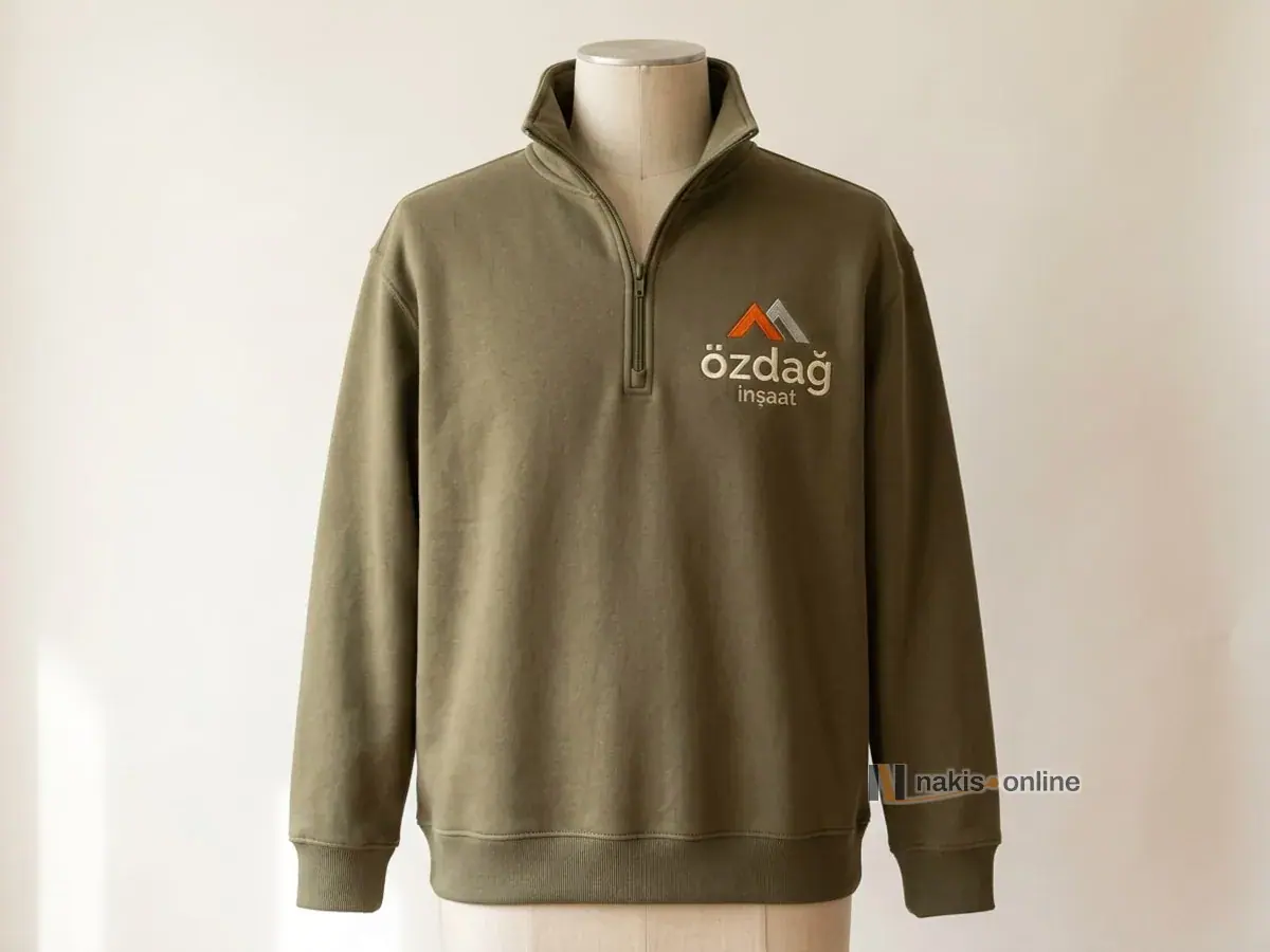 Haki dik yakalı fermuarlı sweatshirt: fermuarın yanında sol göğüste turuncu ve gri dağ simgesi, krem harflerle bir inşaat firmasının logosu