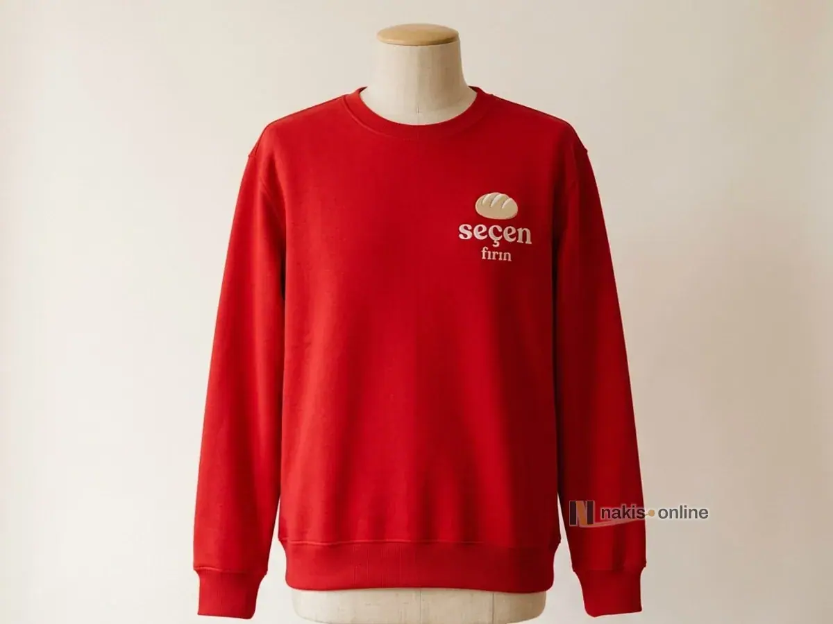 Kırmızı bisiklet yaka sweatshirt: sol göğüste krem rengi somun ekmek simgesi ve beyaz harflerle işlenmiş bir fırının logosu