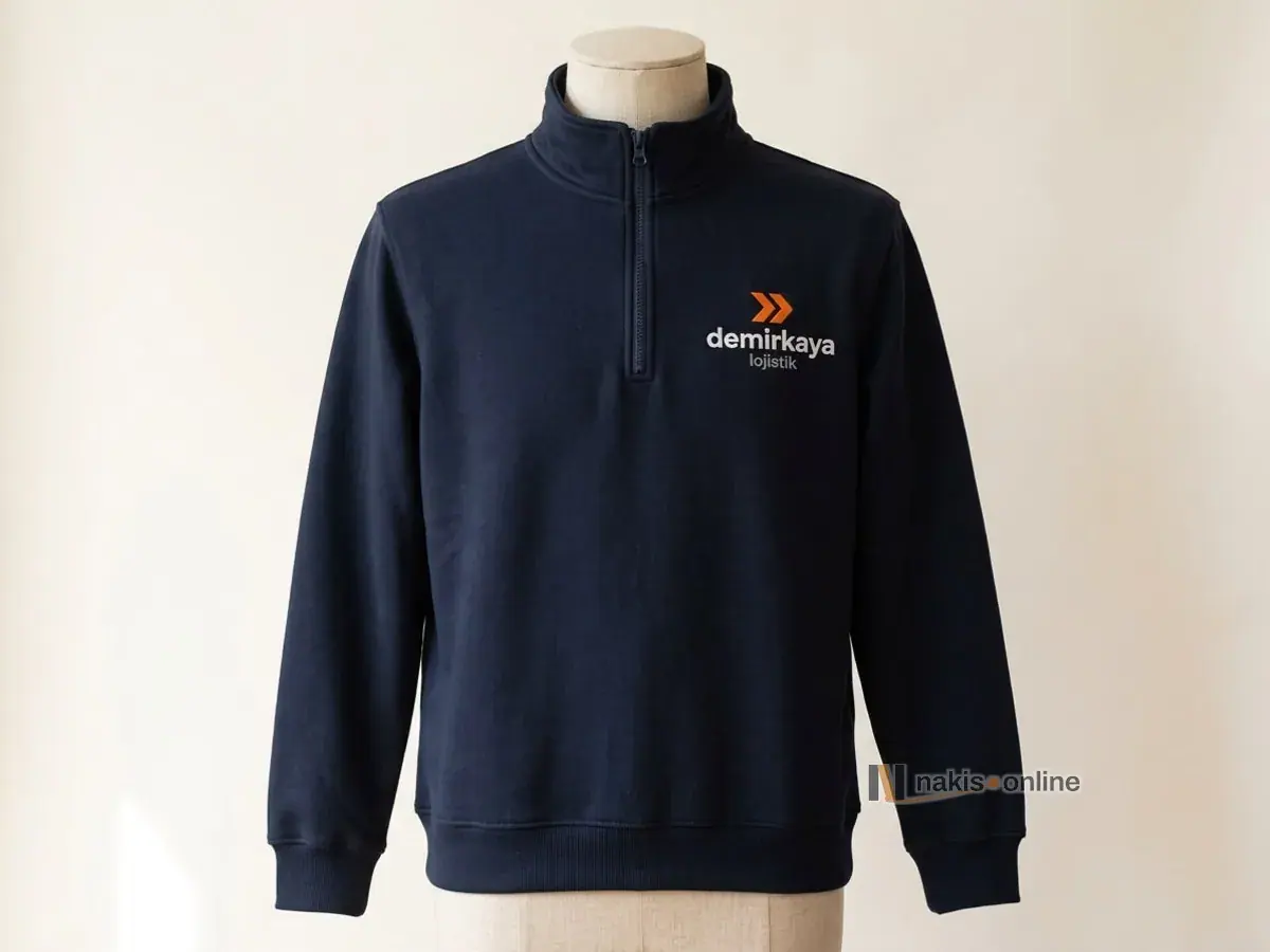 Lacivert yarım fermuarlı sweatshirt: fermuarın yanında sol göğüste turuncu ok simgesi ve beyaz harflerle bir lojistik firmasının logosu