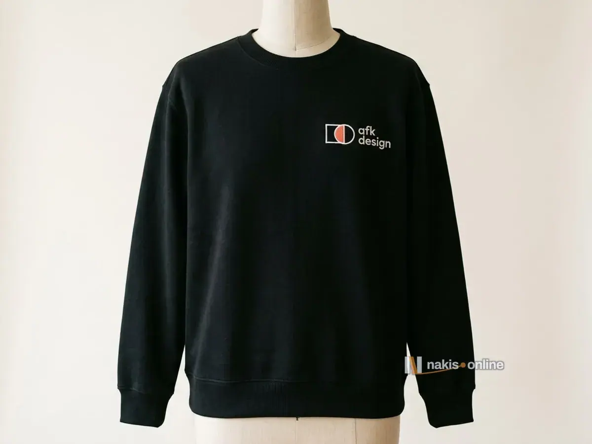Siyah bisiklet yaka sweatshirt: sol göğüste beyaz iplikle iç içe kare ve daire simgesi, mercan dolgulu bir tasarım stüdyosunun logosu