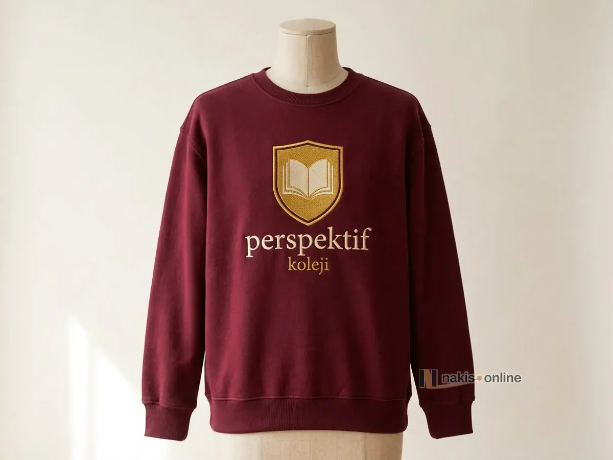 Terzi mankeninde bordo sweatshirt; göğüs ortasında altın sarısı kalkan ve açık kitap simgesi, krem harflerle bir kolejin nakış arması