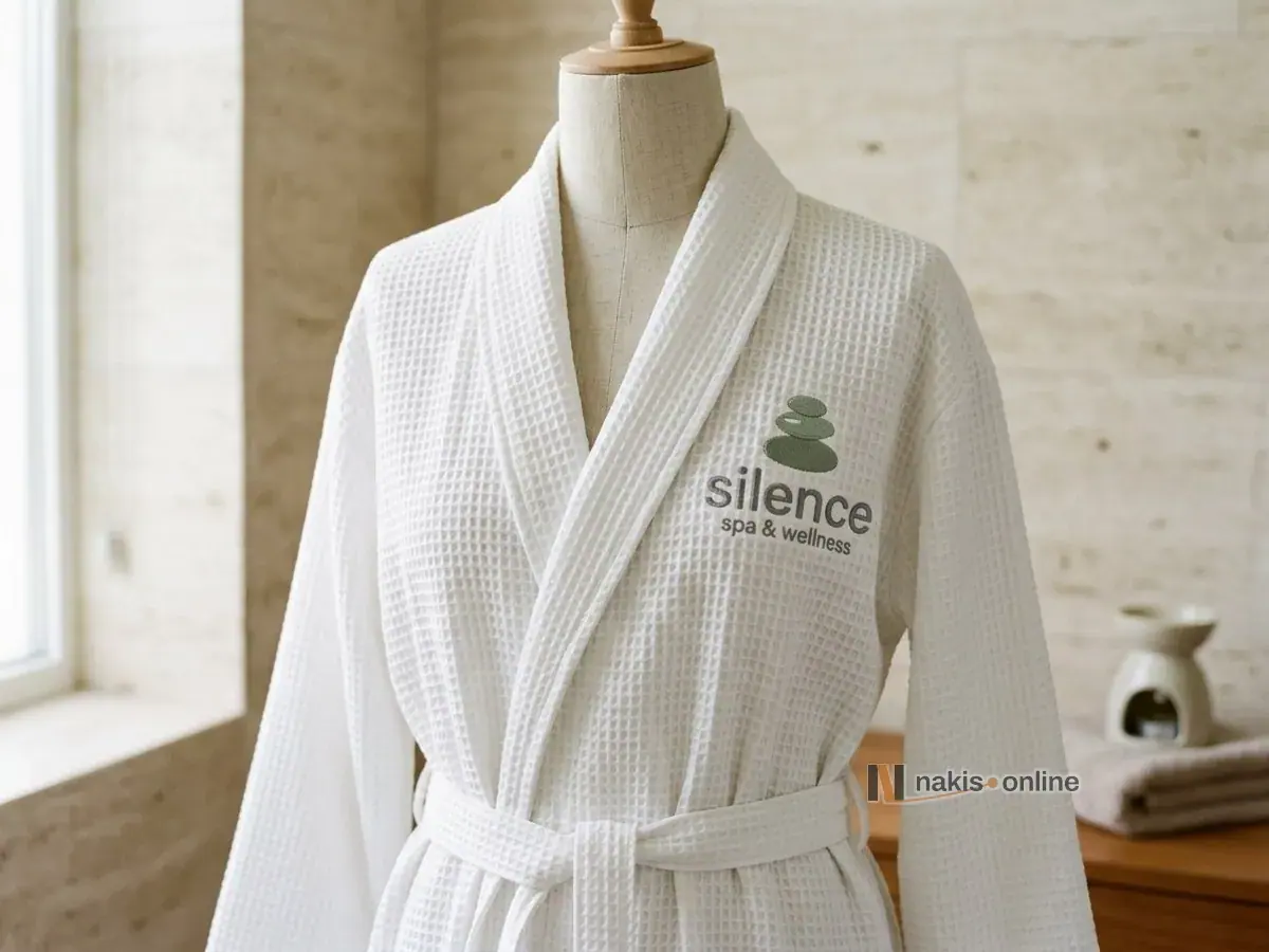 Traverten duvarlı spa dinlenme odasında terzi mankenine giydirilmiş beyaz petek dokulu bornoz; sol göğüste yaka hattının dışında adaçayı yeşili çakıl taşı simgeli, taş grisi harfli bir spa logosu