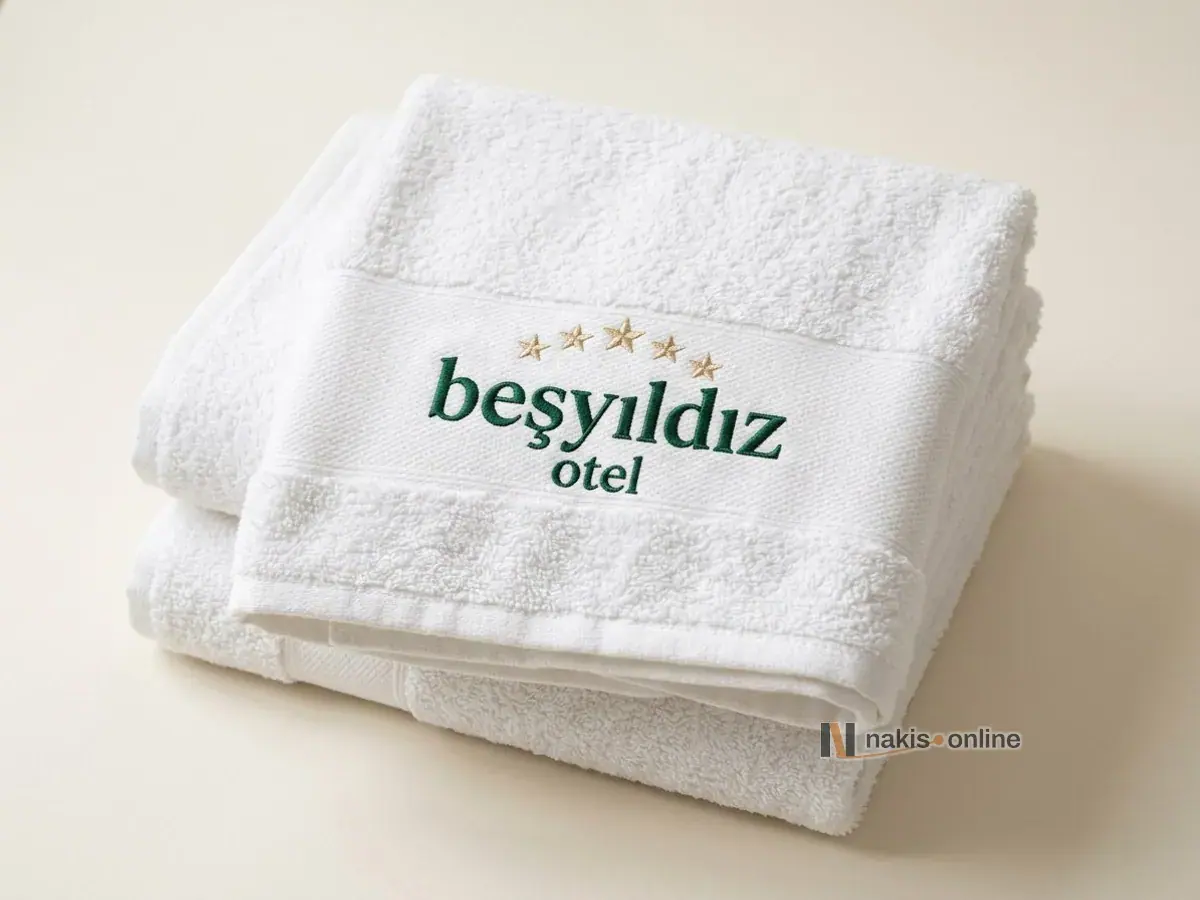 Açık krem stüdyo zemininde üst üste katlı üç beyaz banyo havlusu; üstteki havlunun düz dokuma bordür bandında, kemer biçiminde beş altın yıldız ve zümrüt yeşili serif harflerden oluşan bir otel logosu