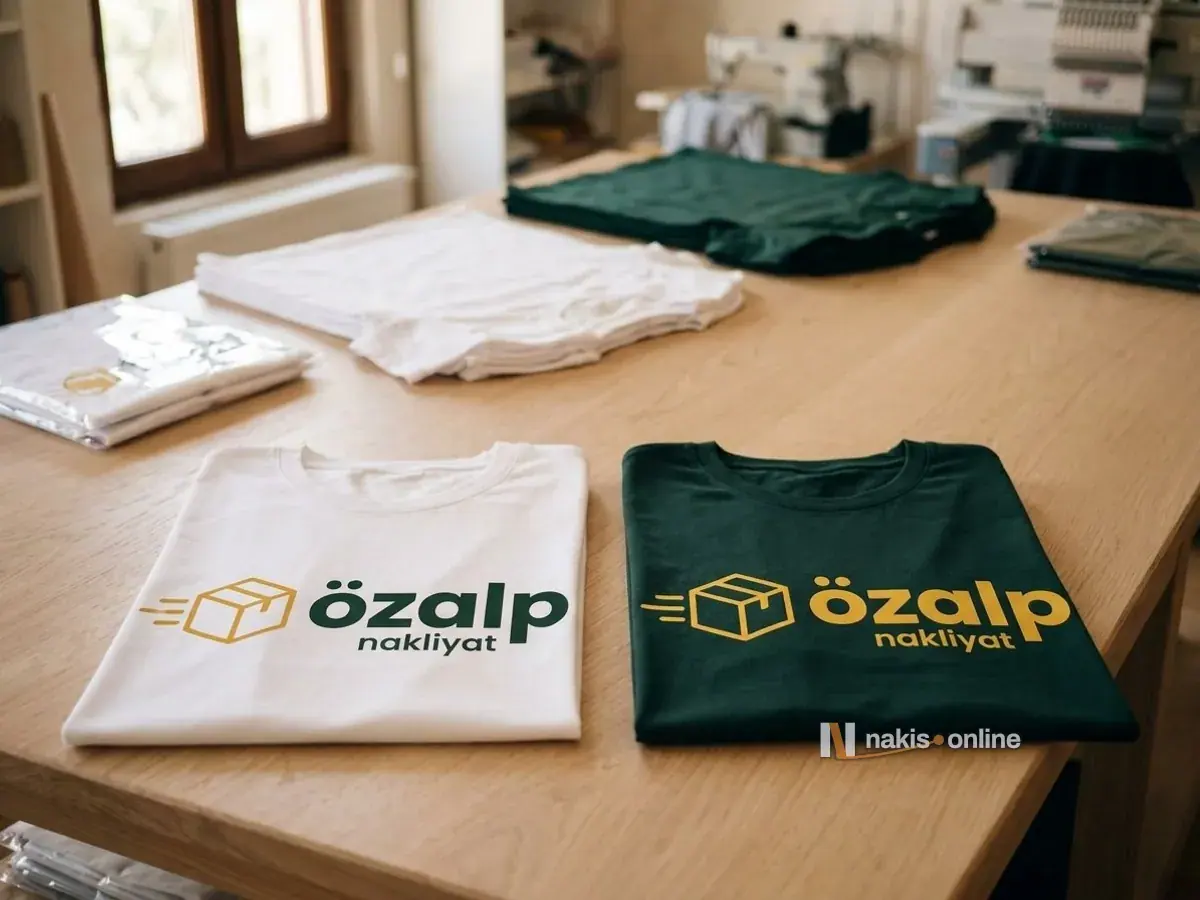 Açık meşe paketleme masasında katlanmış beyaz ve koyu yeşil birer tişört; ikisinin de ön yüzünde hardal sarısı koli simgeli bir nakliyat firmasının geniş baskı logosu, arkada flu tişört desteleri ve poşetlenmiş tişörtler